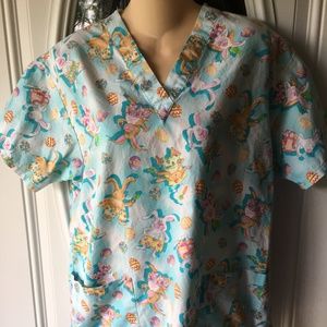 Peaches Easter Bunnies Medical Scrub Top Sz Small